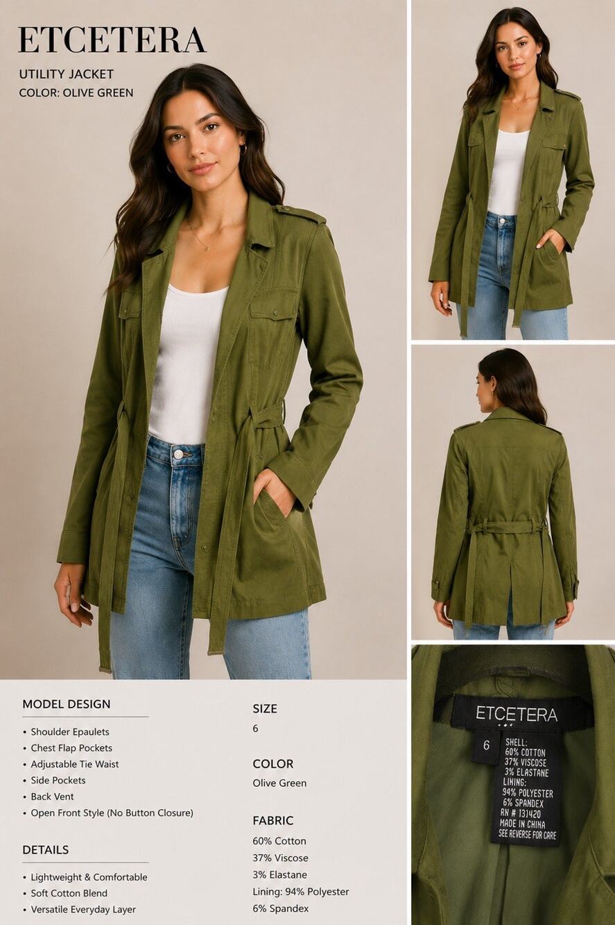 ETCETERA Women’s Olive Green Utility Jacket Size 6 Belted Military Style